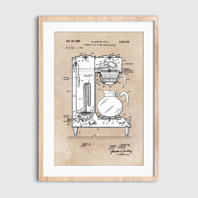 JBJ-Art-Patent-art-Kaplan-1966-Automatic-Coffee-making-machine-30x45-Matte-Light-Brown-Wood-BG